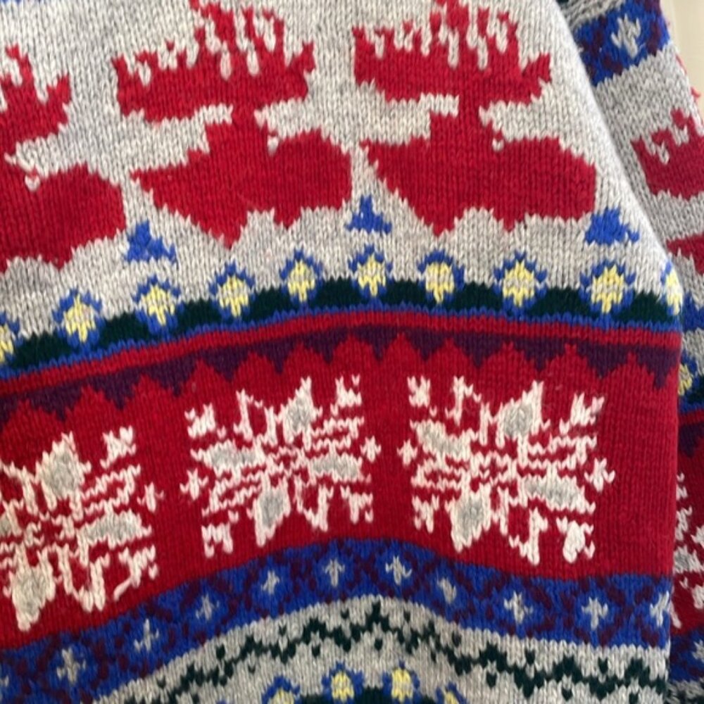 Handknit Sweater Moose Snowflake Pattern Navy Red… - image 3